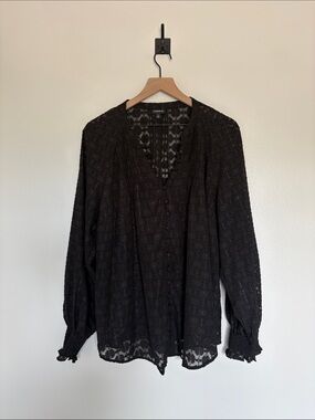 Torrid Embroidered Floral Metallic Button-Up Blouse Boho Black 1X